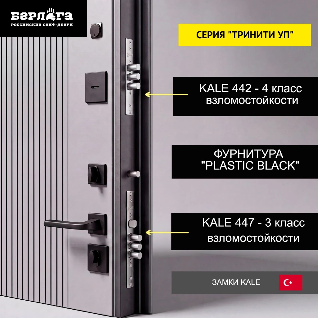 Купить двери БЕРЛОГА Тринити УП Энигма (Эмалит белый (MBP), Муар черный, Фактор, Черный кварц (Орех пекан медовый), plastic black). Каталог «Вседвери59»